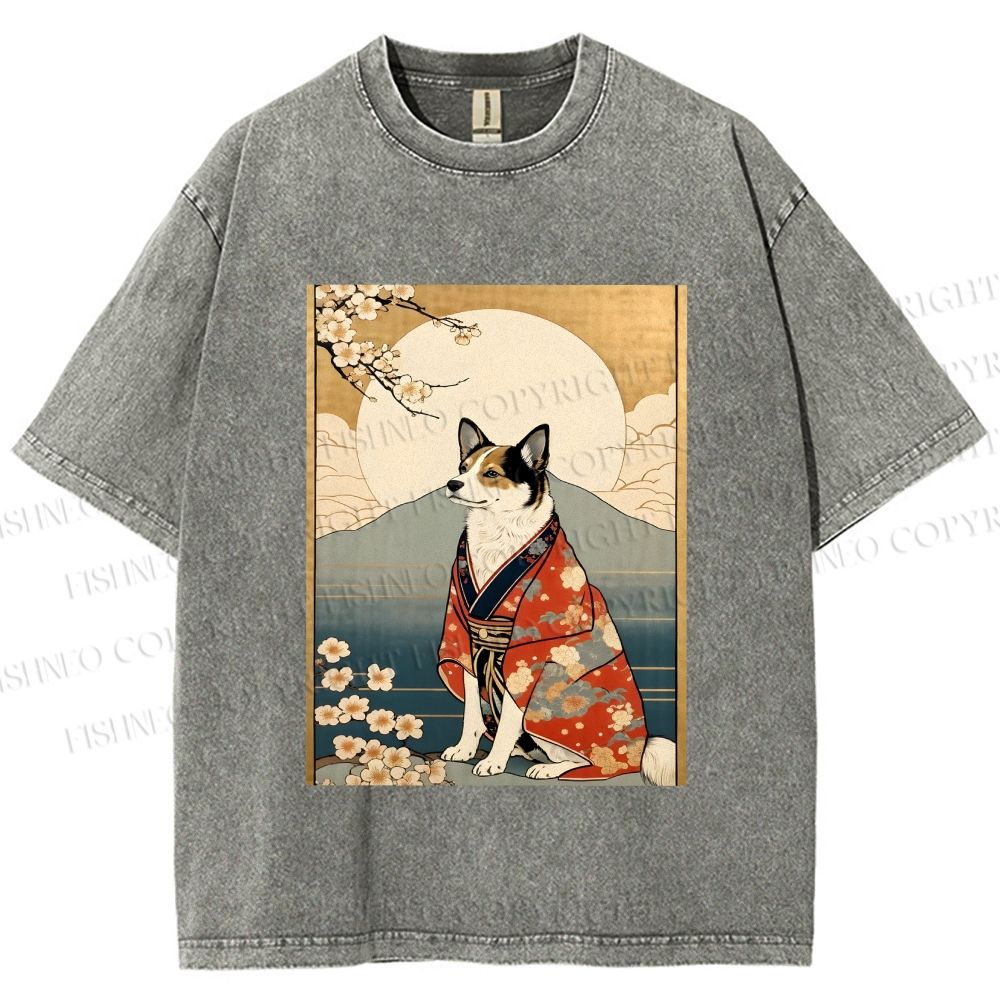 Unisex Japanese Shiba Dog Samurai Printed Washed Tee