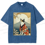 Unisex Japanese Shiba Dog Samurai Printed Washed Tee