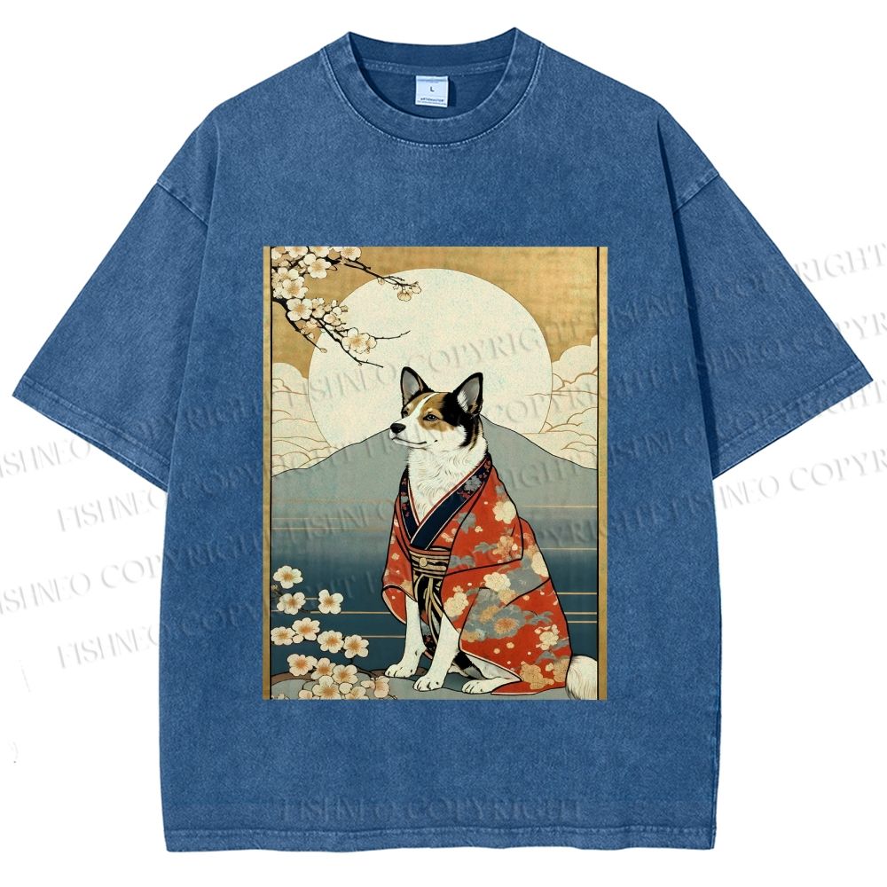 Unisex Japanese Shiba Dog Samurai Printed Washed Tee