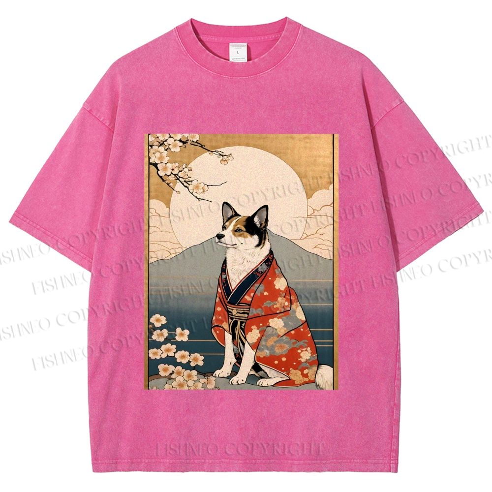 Unisex Japanese Shiba Dog Samurai Printed Washed Tee