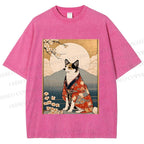 Unisex Japanese Shiba Dog Samurai Printed Washed Tee