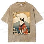 Unisex Japanese Shiba Dog Samurai Printed Washed Tee