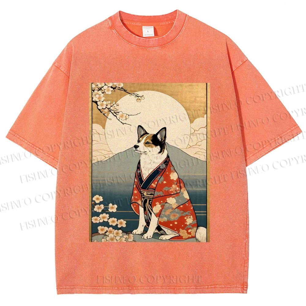 Unisex Japanese Shiba Dog Samurai Printed Washed Tee