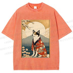 Unisex Japanese Shiba Dog Samurai Printed Washed Tee