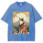 Unisex Japanese Shiba Dog Samurai Printed Washed Tee