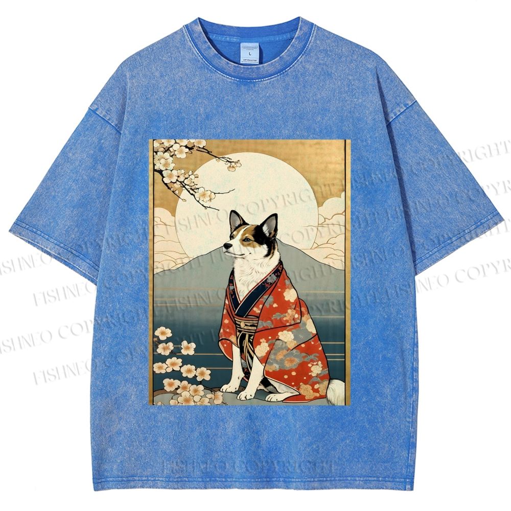 Unisex Japanese Shiba Dog Samurai Printed Washed Tee