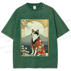Unisex Japanese Shiba Dog Samurai Printed Washed Tee