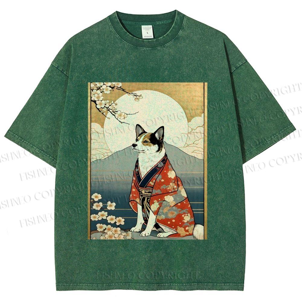 Unisex Japanese Shiba Dog Samurai Printed Washed Tee