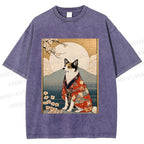 Unisex Japanese Shiba Dog Samurai Printed Washed Tee