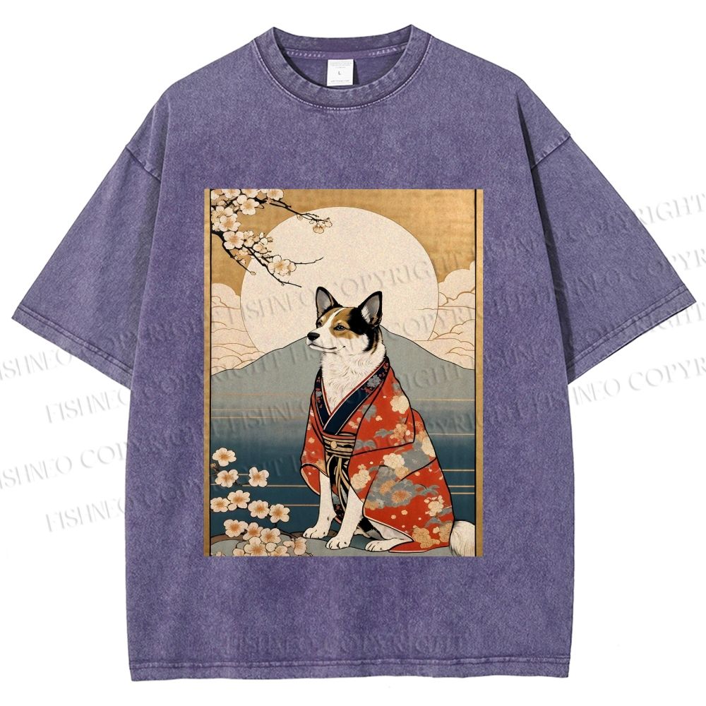 Unisex Japanese Shiba Dog Samurai Printed Washed Tee