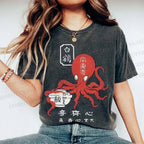 Unisex Japanese Octopus Printed Washed Tee
