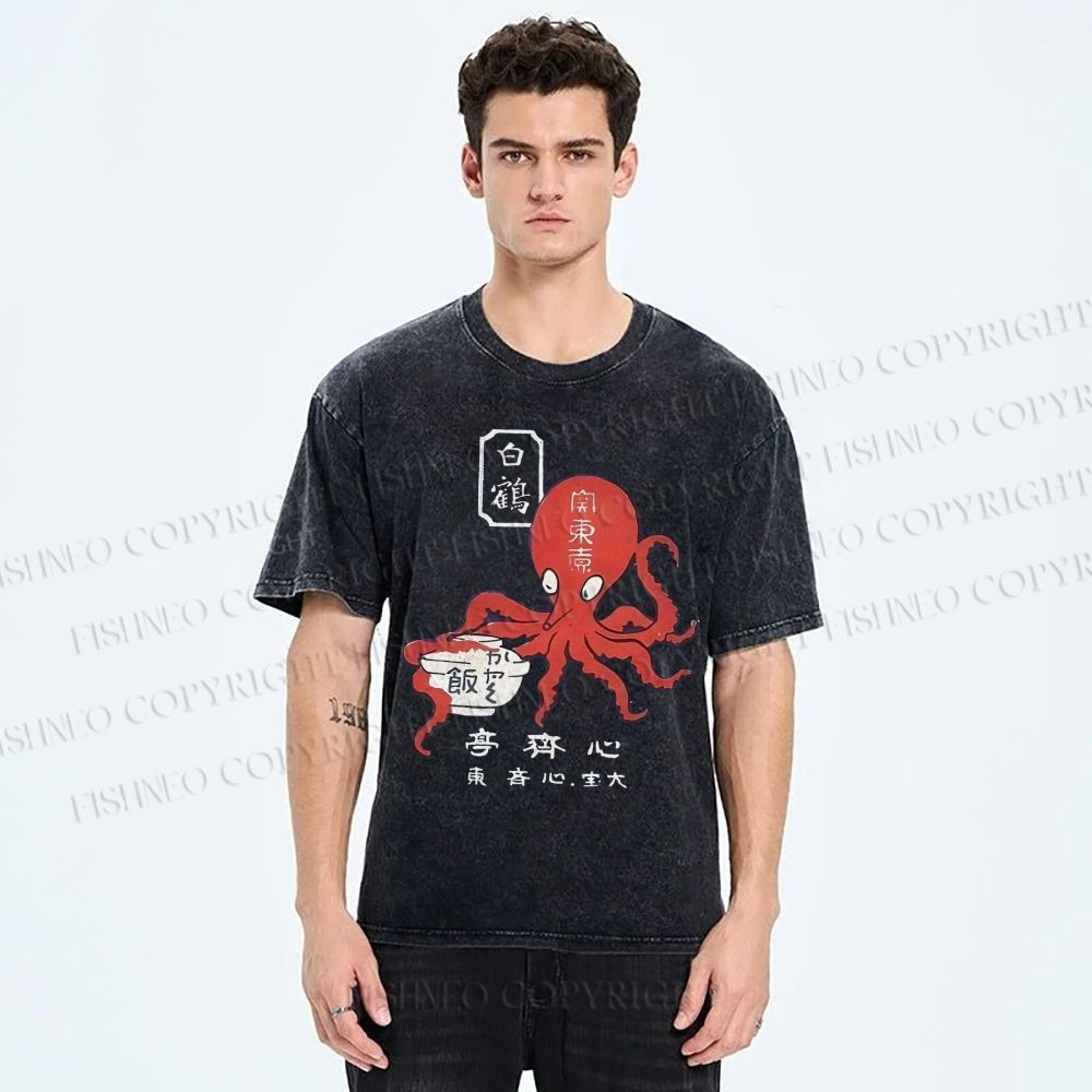 Unisex Japanese Octopus Printed Washed Tee