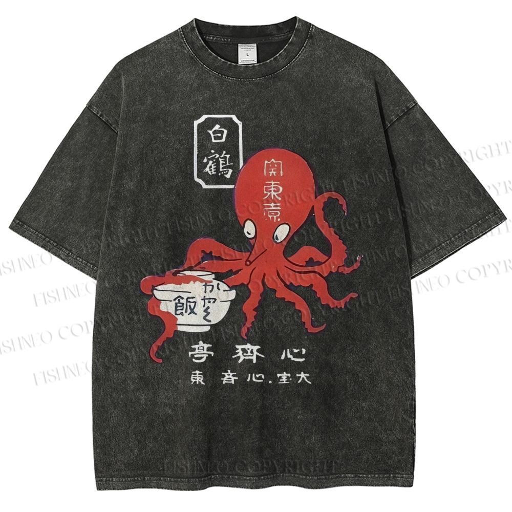 Unisex Japanese Octopus Printed Washed Tee
