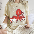 Unisex Japanese Octopus Printed Washed Tee