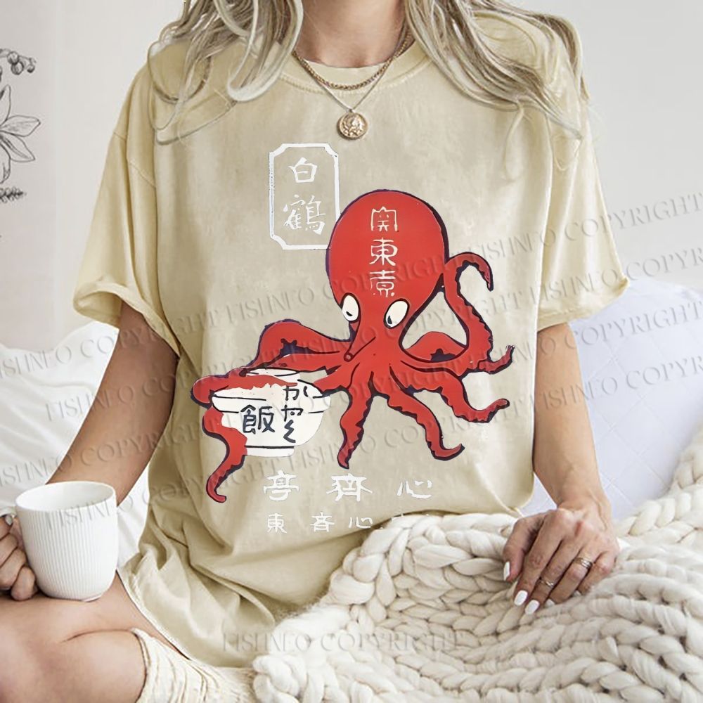 Unisex Japanese Octopus Printed Washed Tee