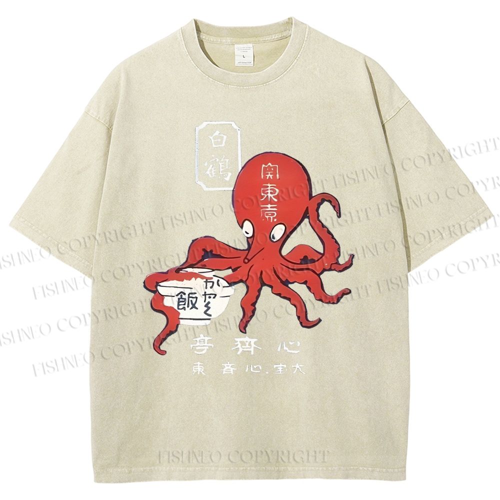 Unisex Japanese Octopus Printed Washed Tee