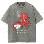 Unisex Japanese Octopus Printed Washed Tee