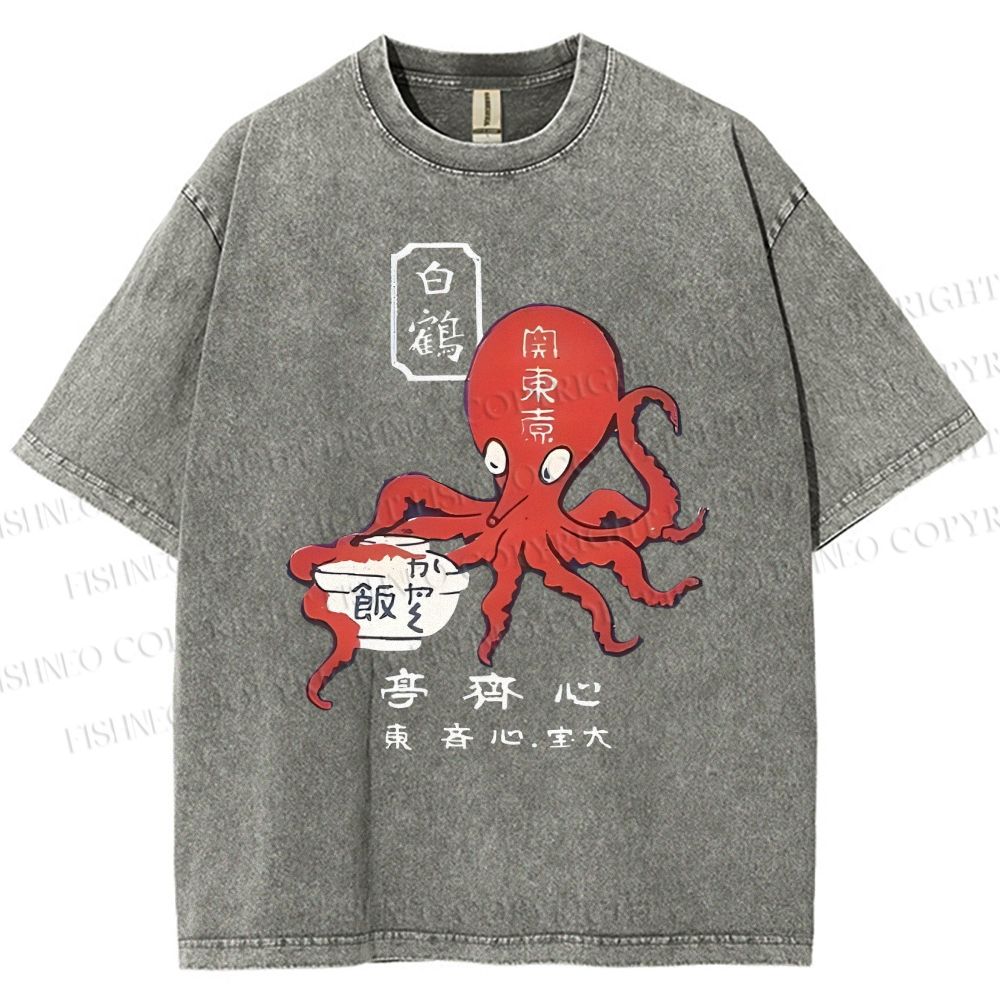 Unisex Japanese Octopus Printed Washed Tee
