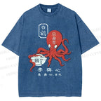 Unisex Japanese Octopus Printed Washed Tee