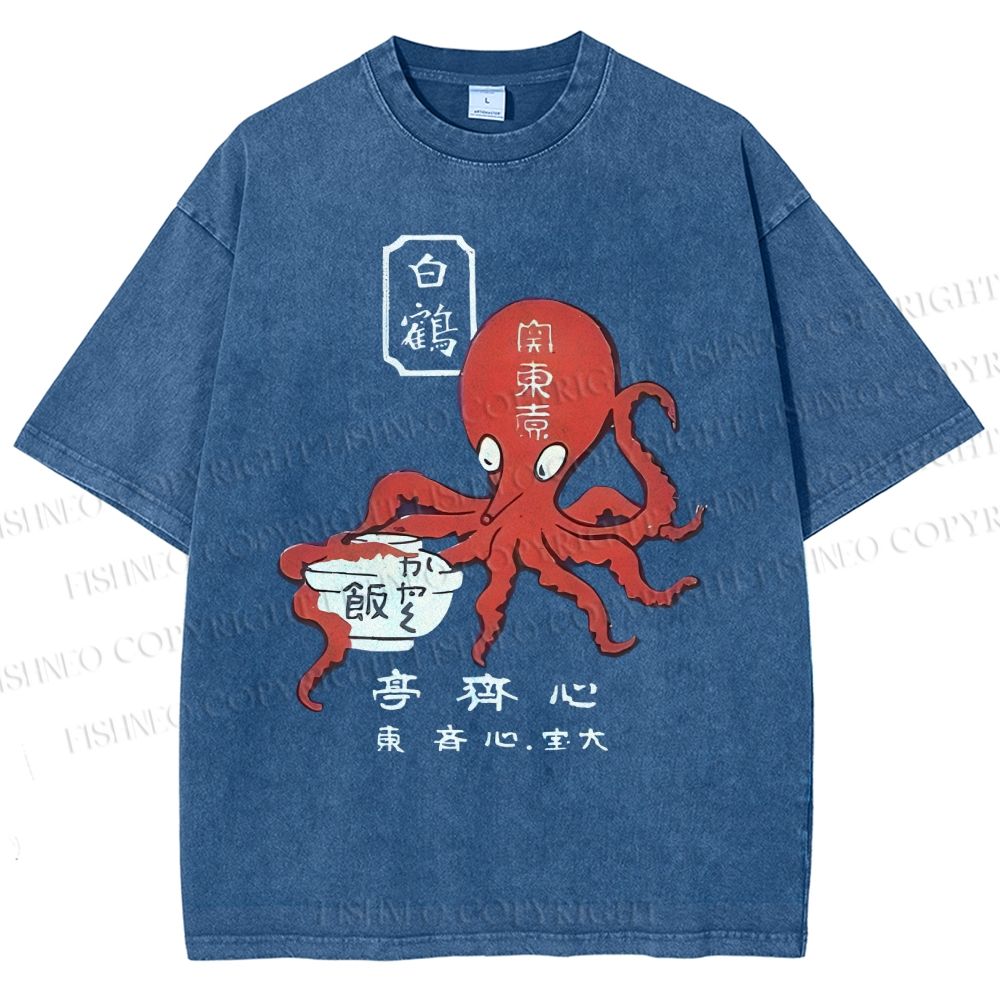 Unisex Japanese Octopus Printed Washed Tee