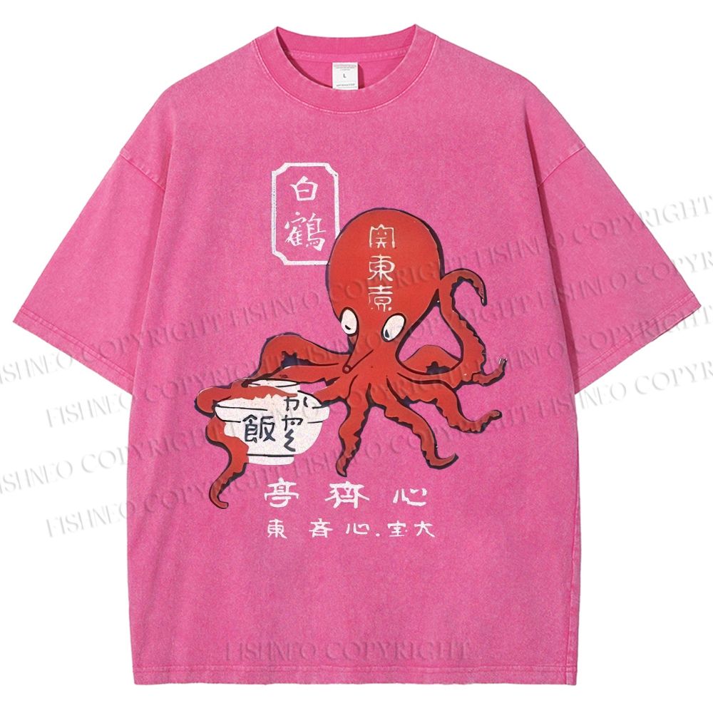 Unisex Japanese Octopus Printed Washed Tee