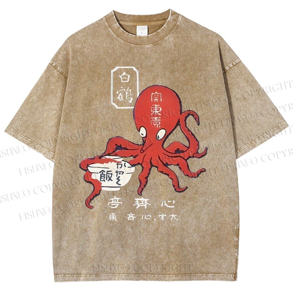 Unisex Japanese Octopus Printed Washed Tee
