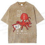 Unisex Japanese Octopus Printed Washed Tee