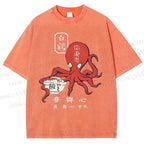 Unisex Japanese Octopus Printed Washed Tee