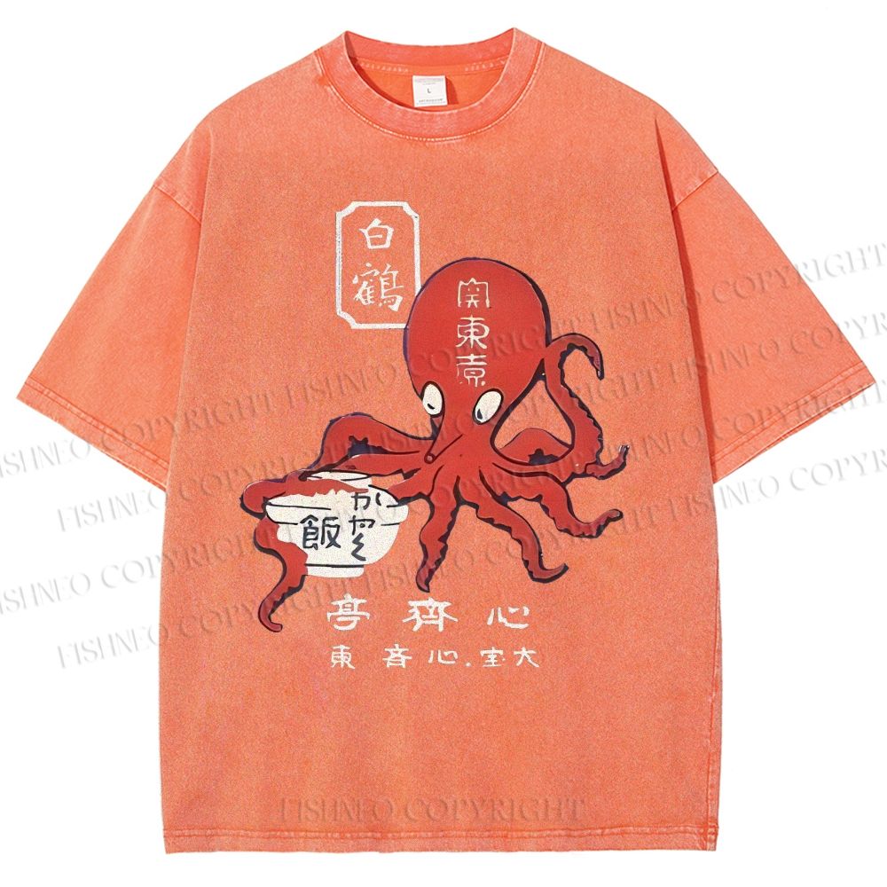 Unisex Japanese Octopus Printed Washed Tee