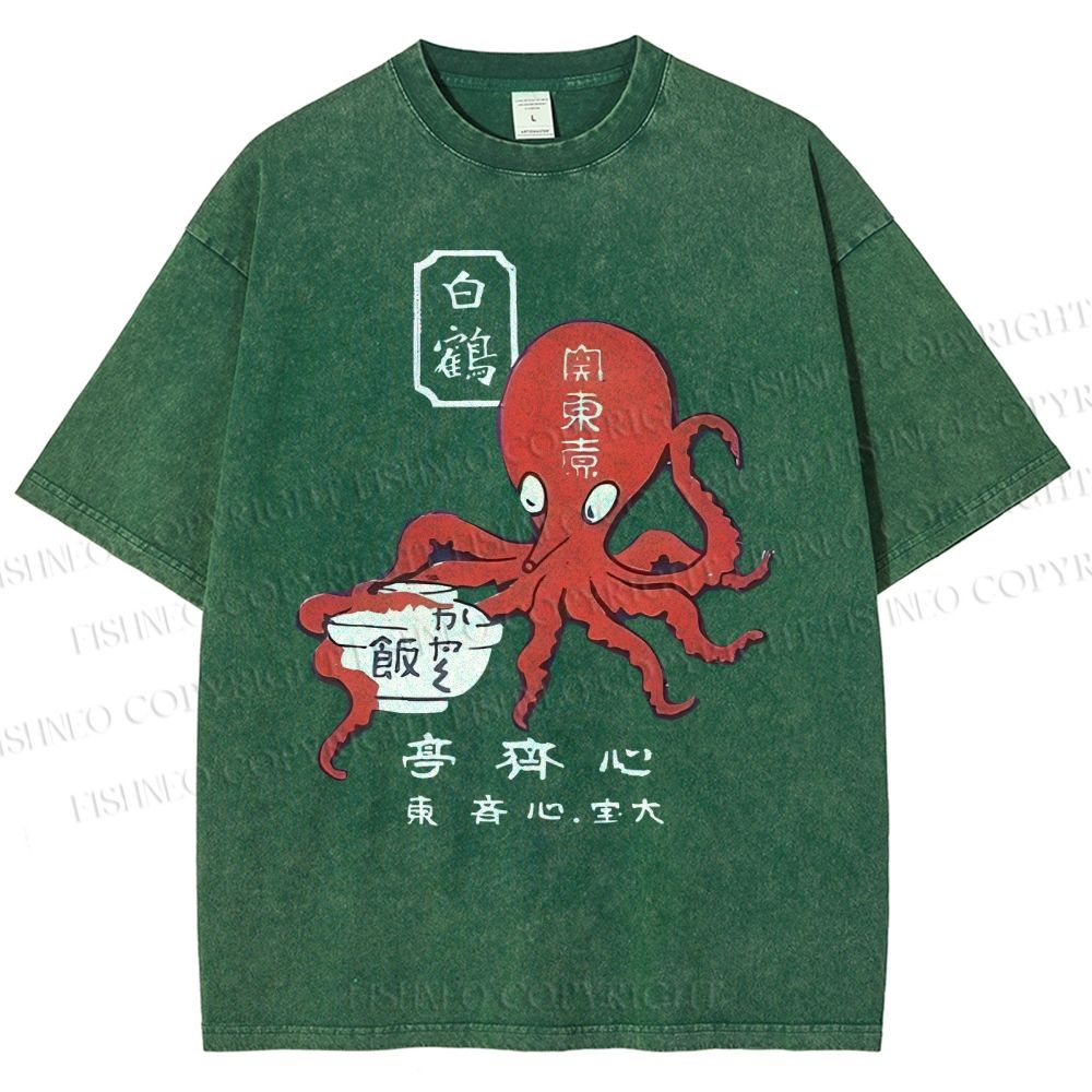 Unisex Japanese Octopus Printed Washed Tee