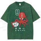Unisex Japanese Octopus Printed Washed Tee