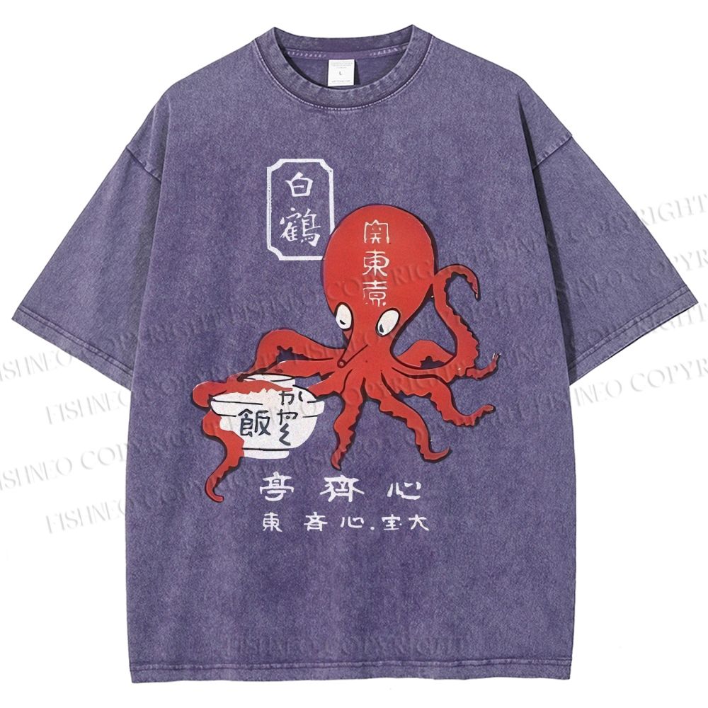 Unisex Japanese Octopus Printed Washed Tee