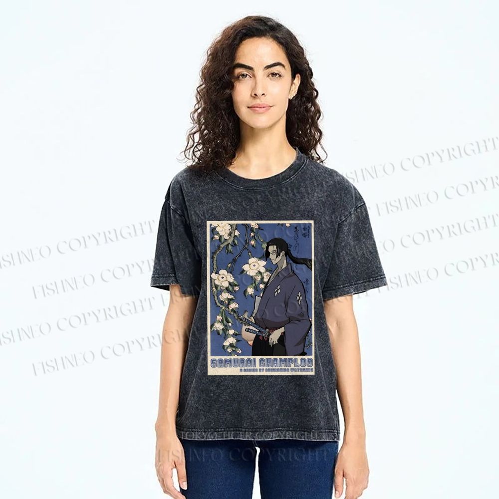 Unisex Japanese Samurai Champloo Printed Washed Tee