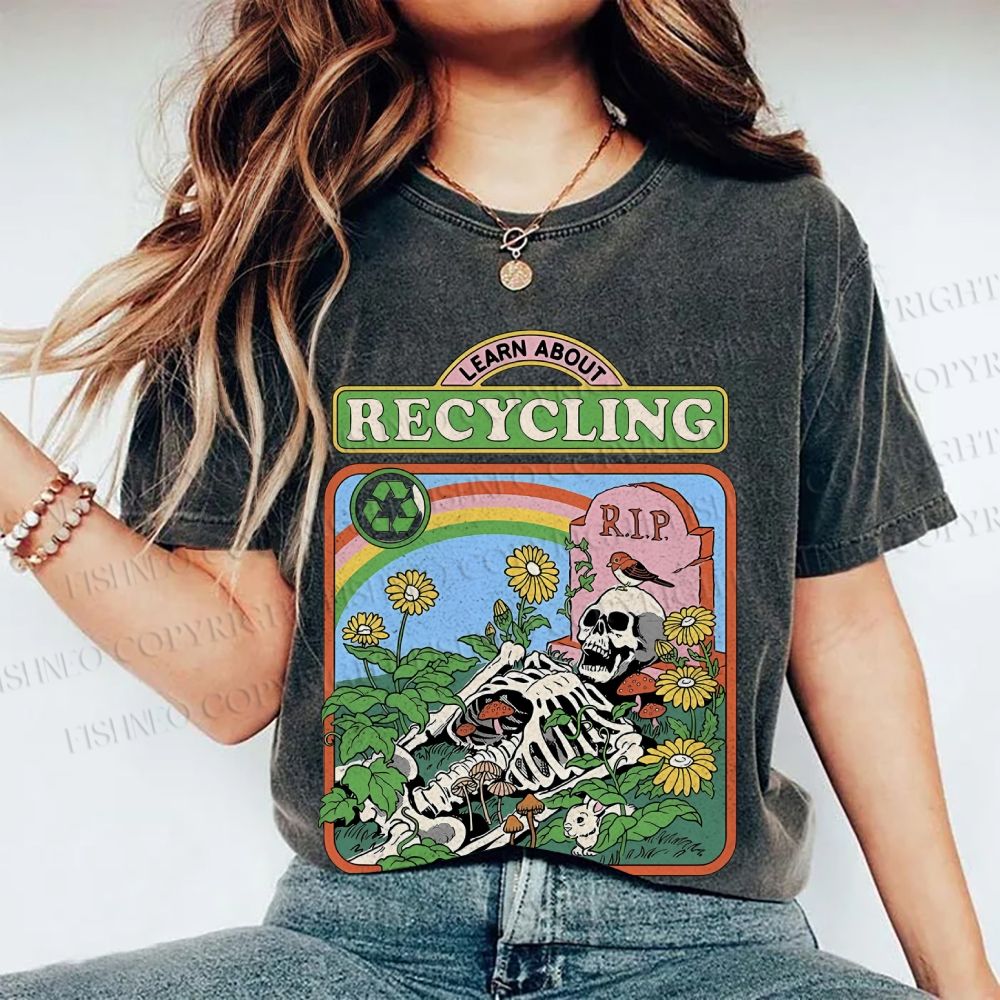 Unisex Skull Bone Recycling Printed Washed Tee