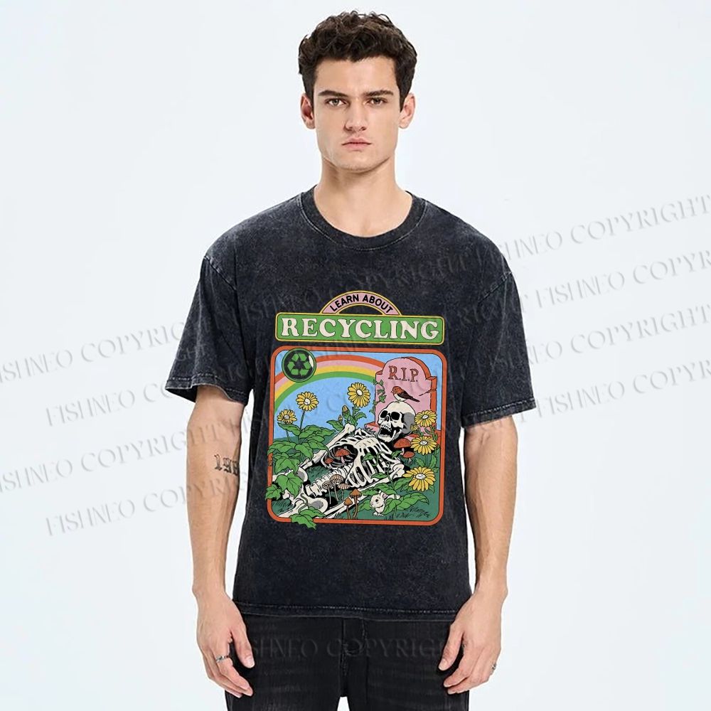 Unisex Skull Bone Recycling Printed Washed Tee