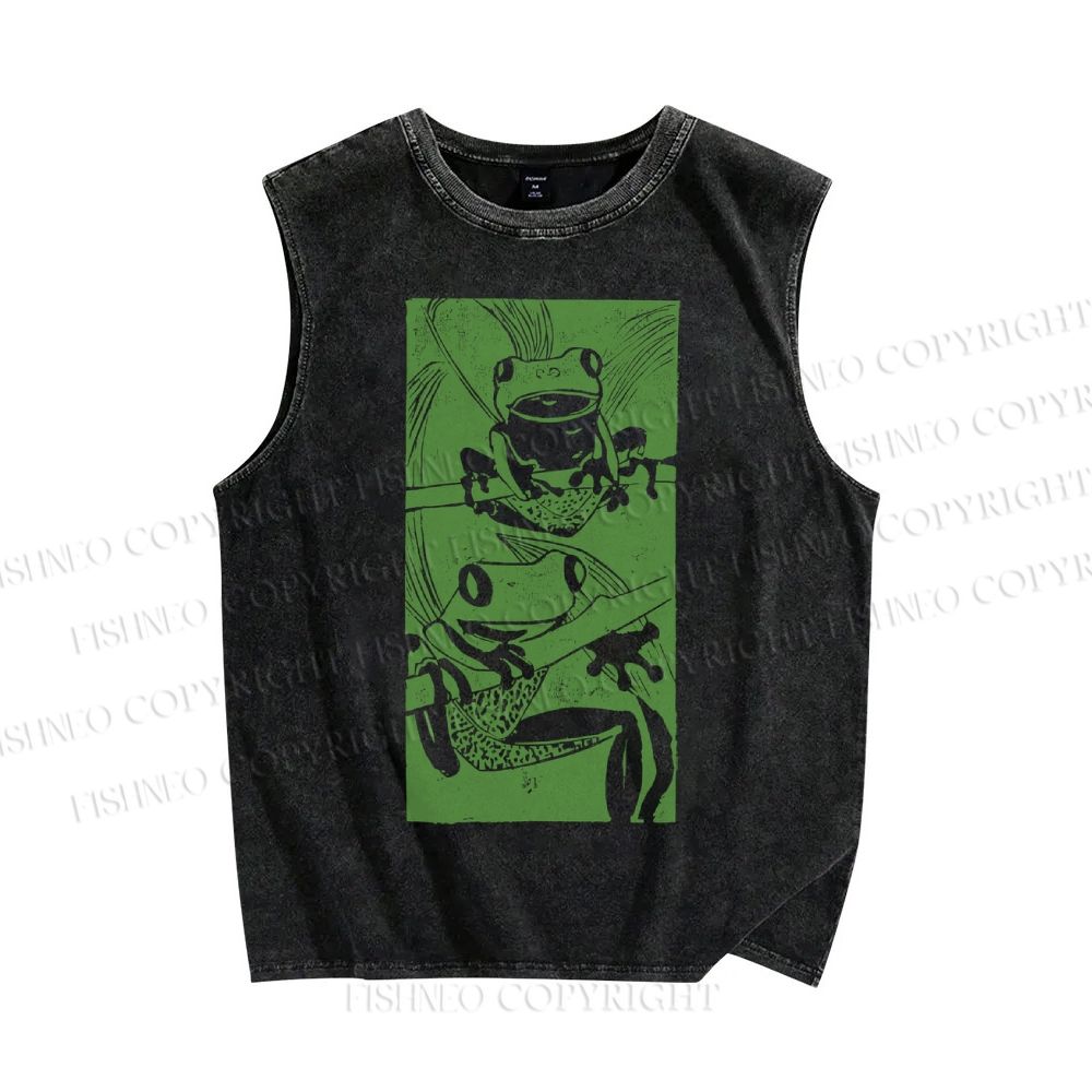 Unisex Vintage Frog Printed Washed Tank Top