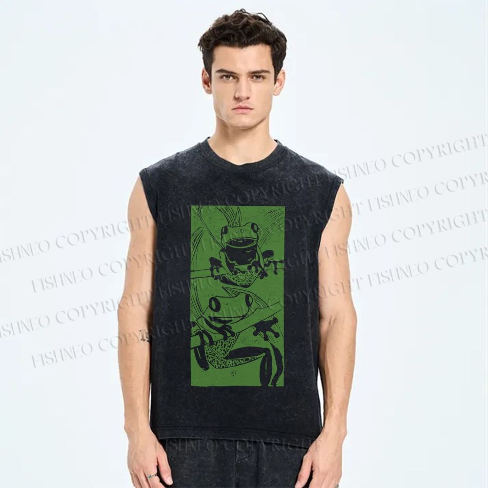 Unisex Vintage Frog Printed Washed Tank Top