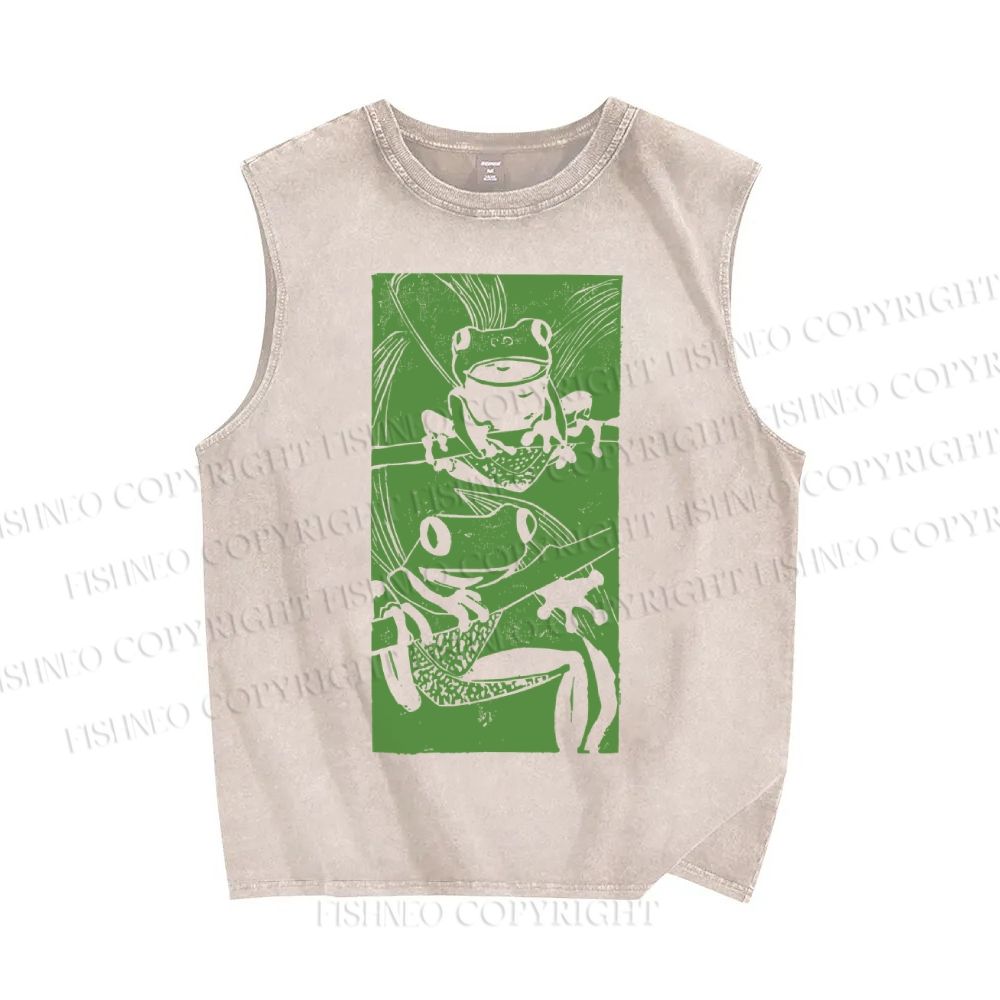 Unisex Vintage Frog Printed Washed Tank Top