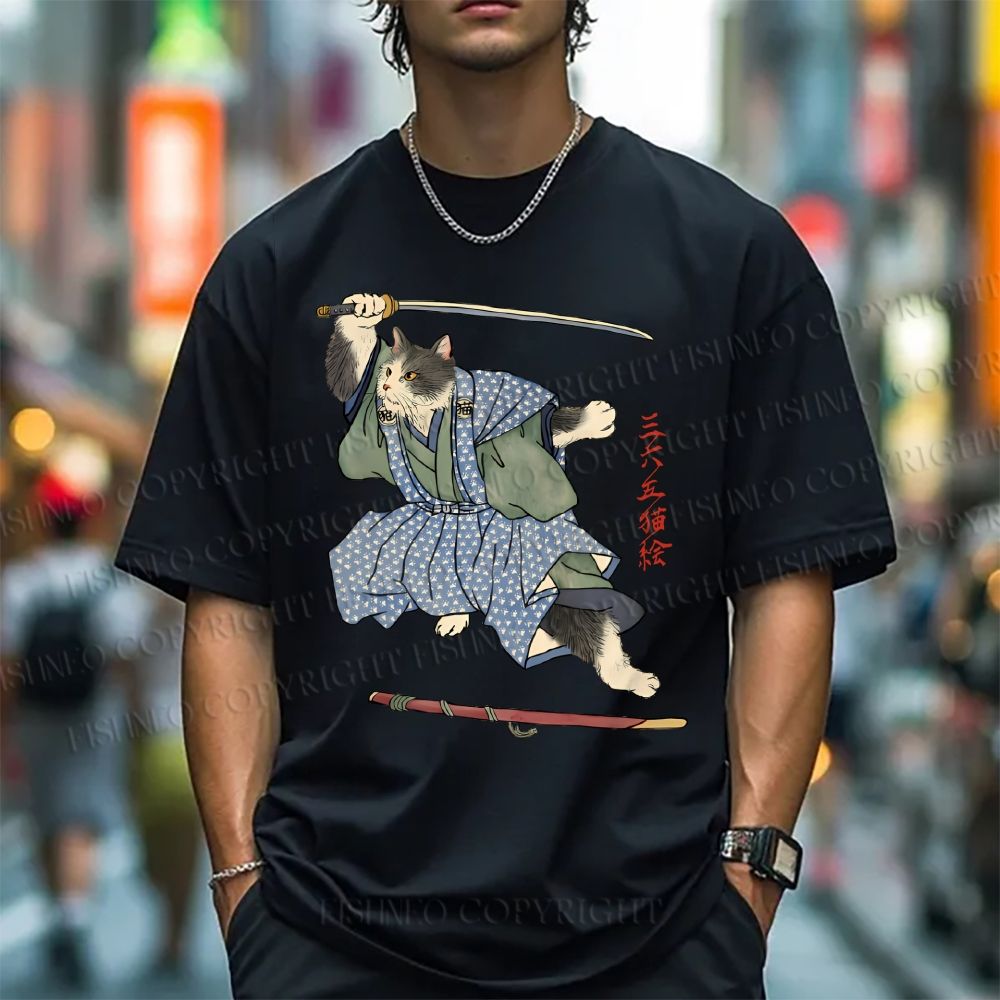 Unisex Vintage Japanese Cat Samurai Classic Cotton T-shirt