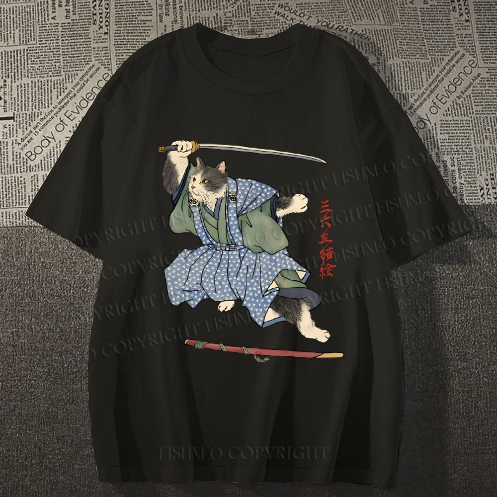 Unisex Vintage Japanese Cat Samurai Classic Cotton T-shirt