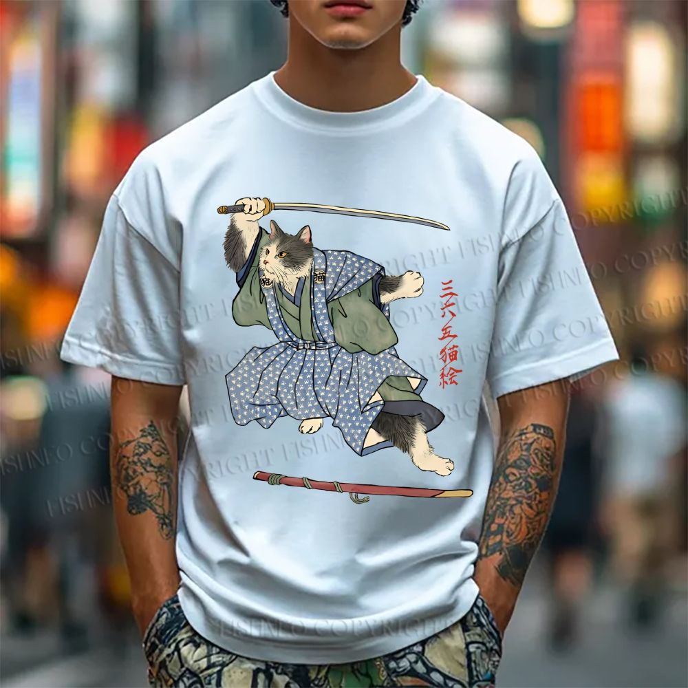 Unisex Vintage Japanese Cat Samurai Classic Cotton T-shirt