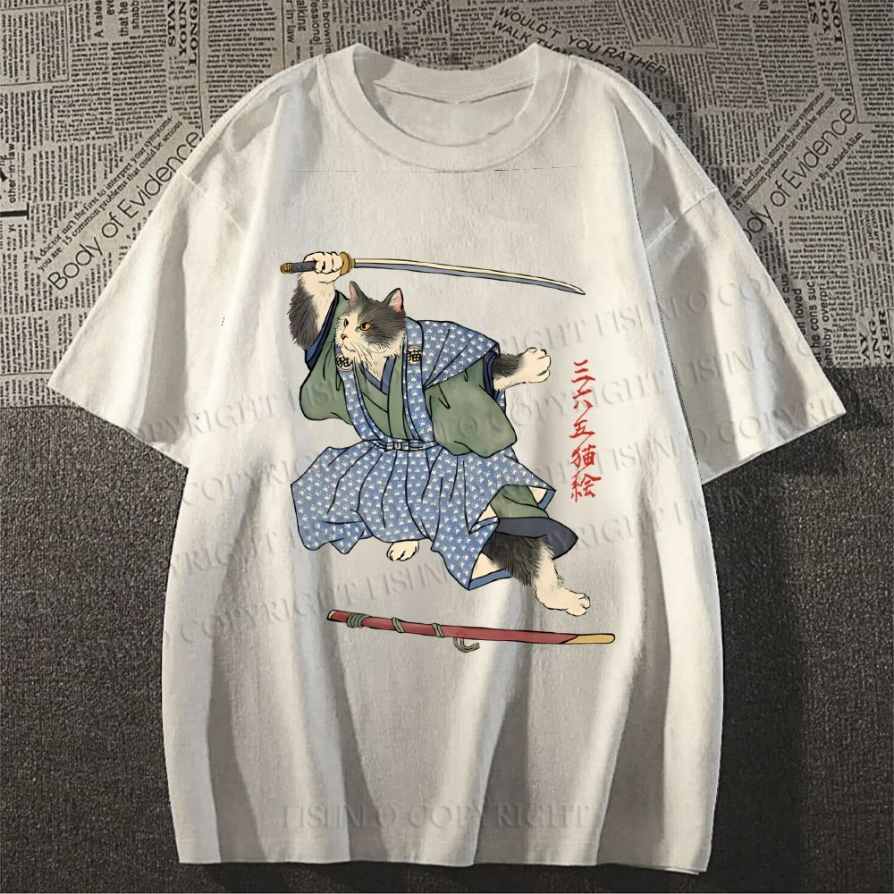 Unisex Vintage Japanese Cat Samurai Classic Cotton T-shirt