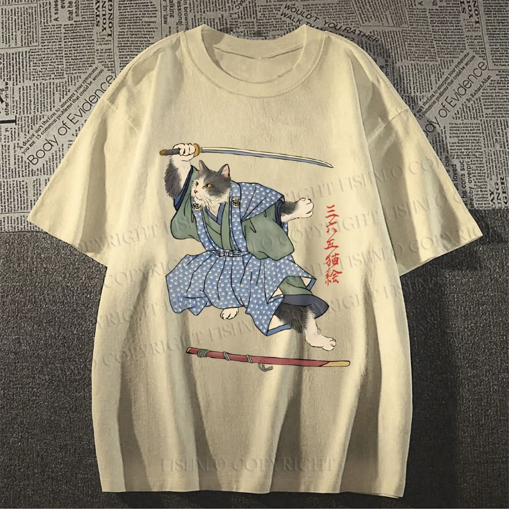 Unisex Vintage Japanese Cat Samurai Classic Cotton T-shirt