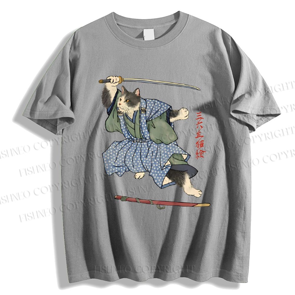 Unisex Vintage Japanese Cat Samurai Classic Cotton T-shirt