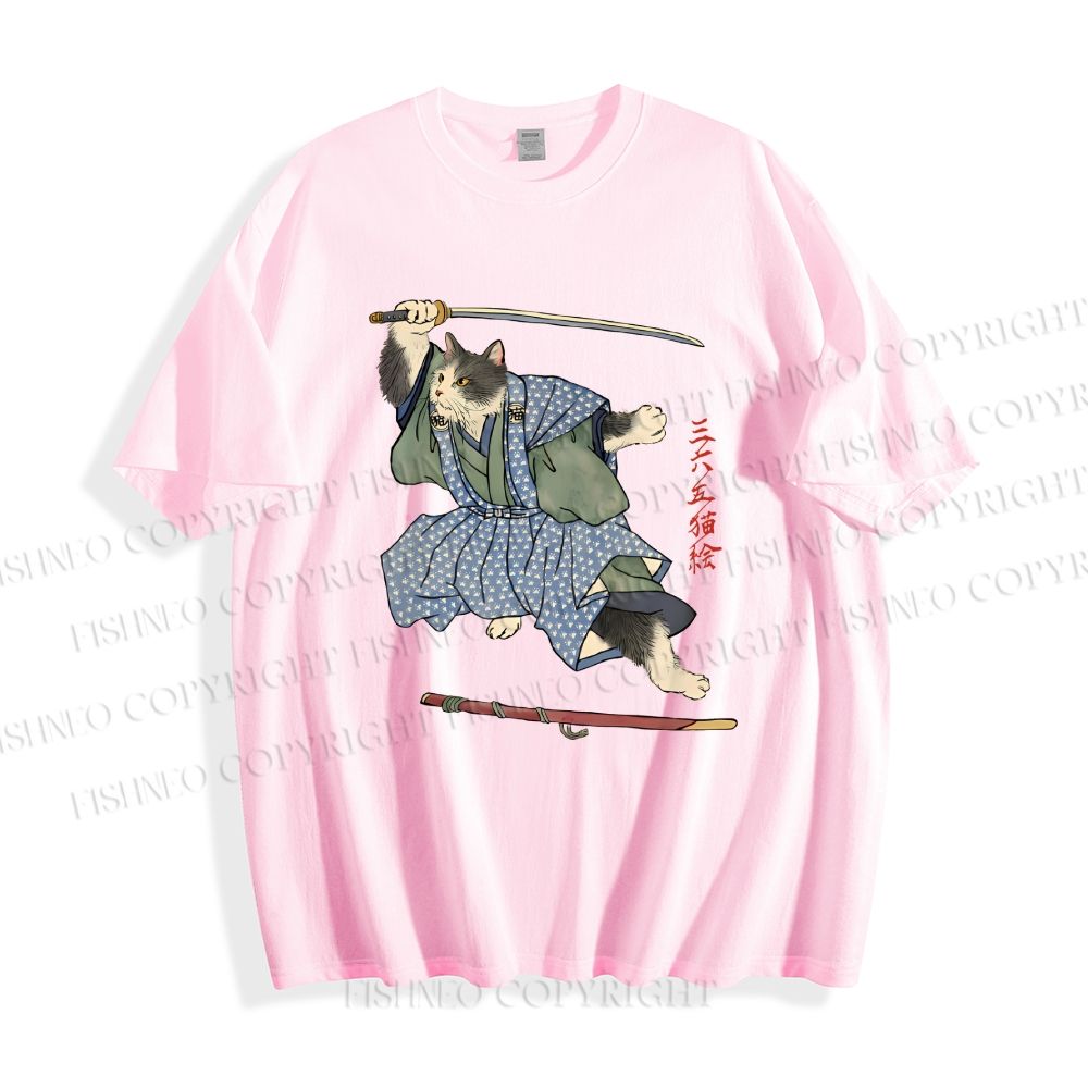 Unisex Vintage Japanese Cat Samurai Classic Cotton T-shirt