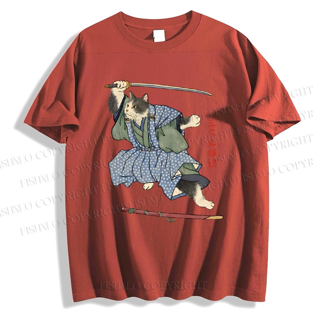 Unisex Vintage Japanese Cat Samurai Classic Cotton T-shirt