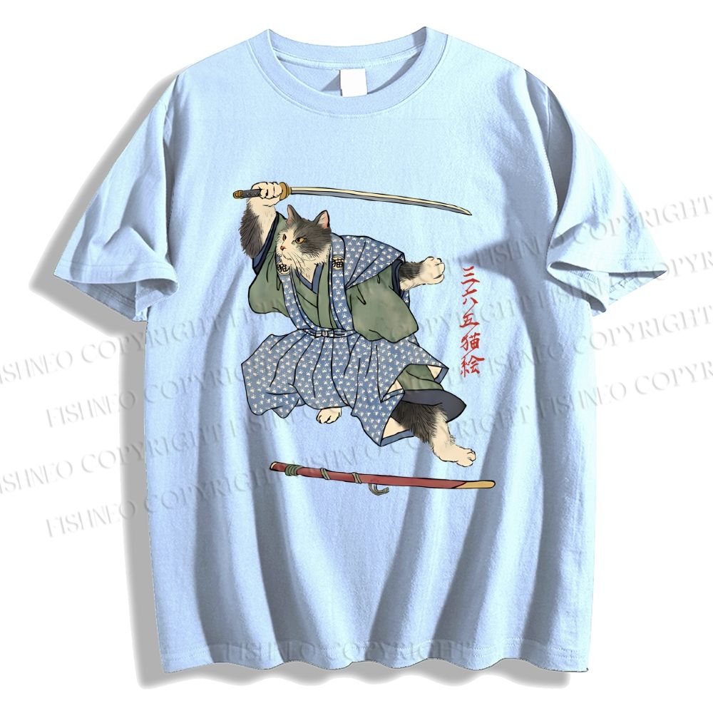 Unisex Vintage Japanese Cat Samurai Classic Cotton T-shirt