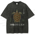Unisex Japanese Turtle Printed Washed Tee