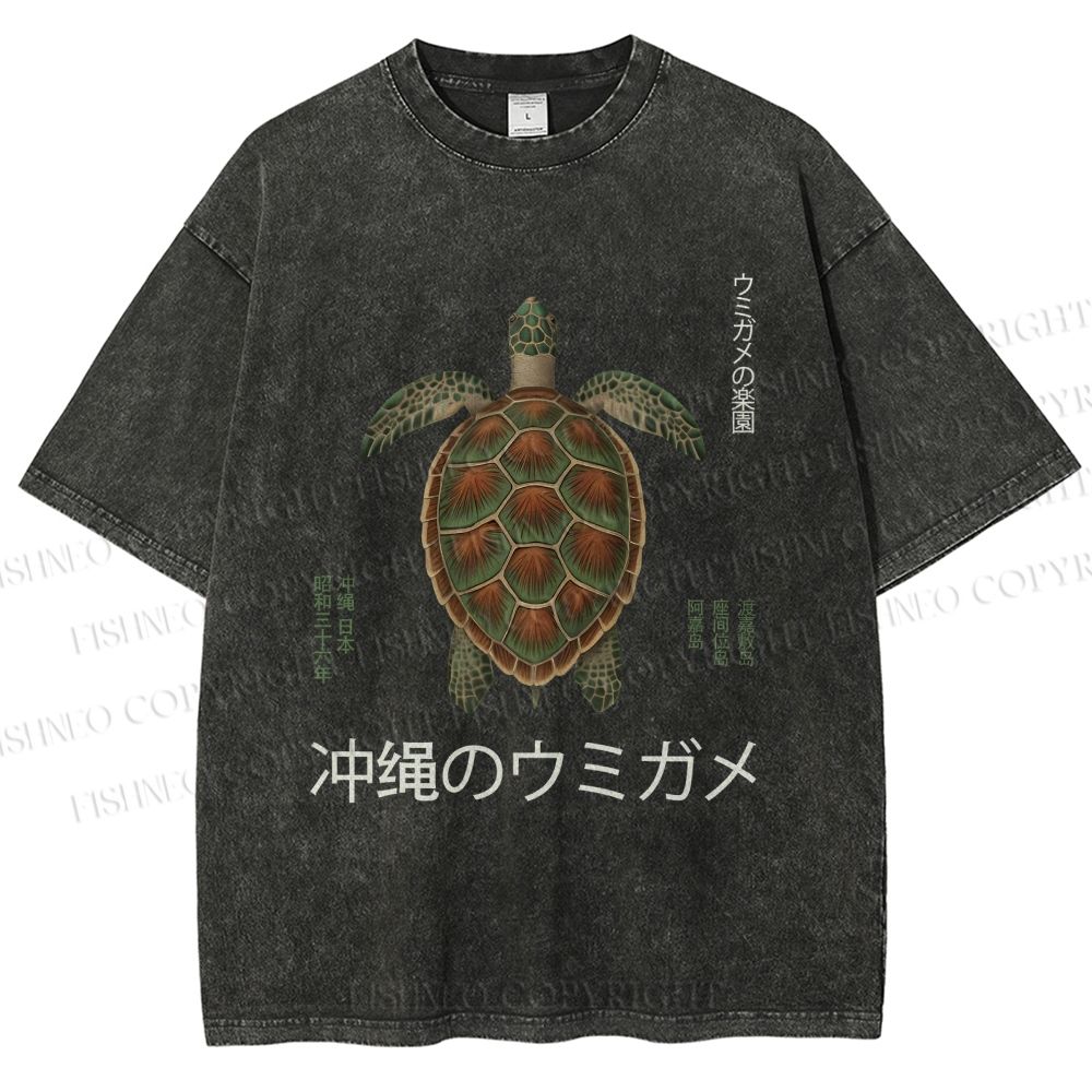 Unisex Japanese Turtle Printed Washed Tee