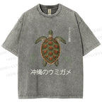 Unisex Japanese Turtle Printed Washed Tee